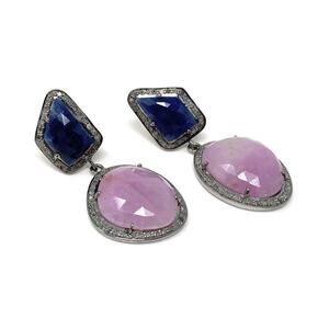 Pave Diamond Sapphire Earrings, Natural Pink and Blue Sapphire Gemstone Earrings